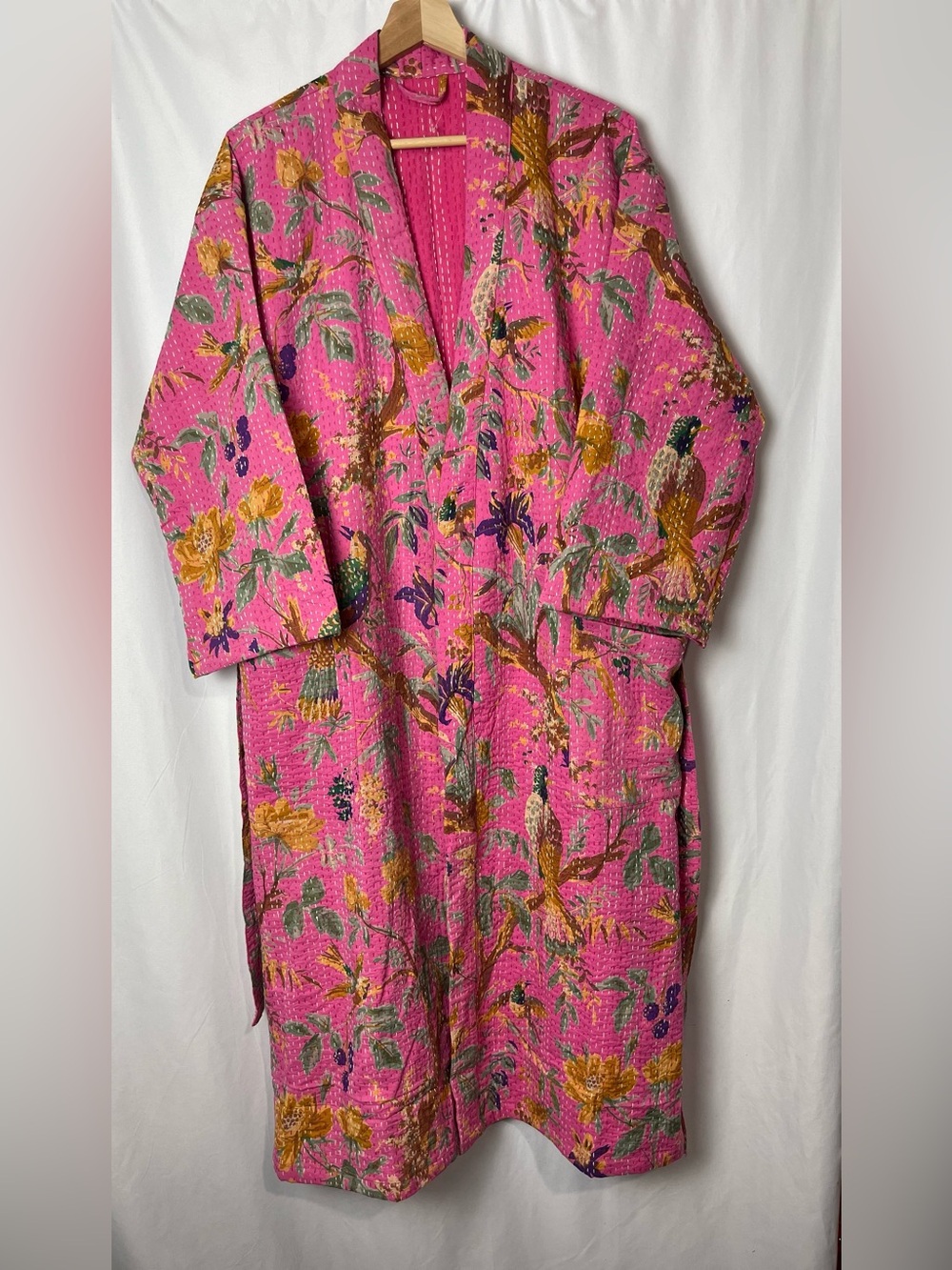 Pink Kantha Cotton Robe and Long Floral Bird Print Open Front Jacket with Pocket